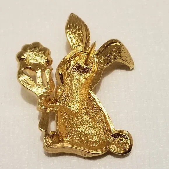 Vtg goldtone Avon bunny pin w pink enamel rhinestone flower - Picture 8 of 9